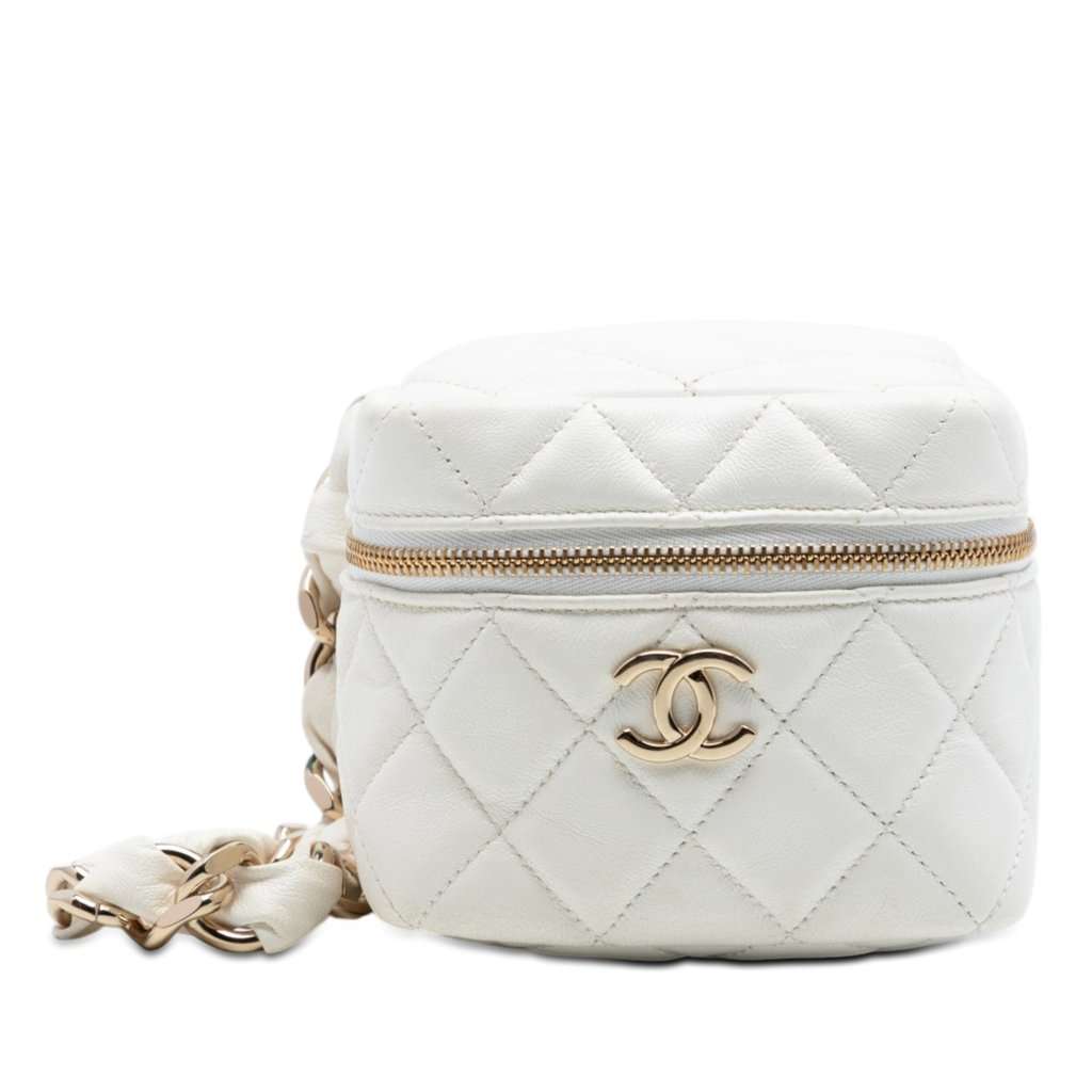Chanel CC Quilted Lambskin Cube Zip Clutch with Chain White Leather Very good condition - Front View