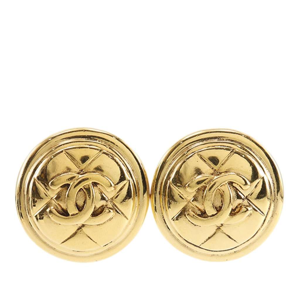 Chanel CC Gold Plated Quilted Round Clip On Earrings Gold Metal Very good condition - Front View