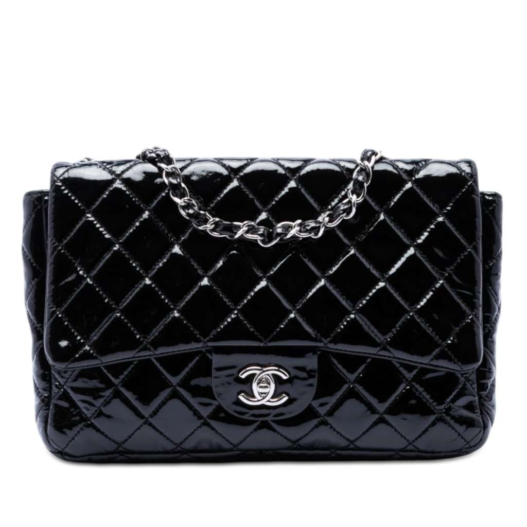 Chanel Jumbo Classic Patent Single Flap Black Leather Very good condition - Front View
