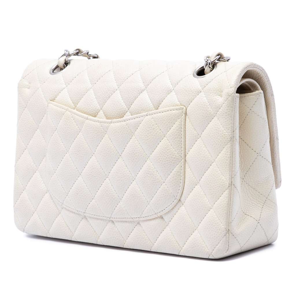 Chanel Medium Classic Caviar Double Flap White Leather Very good condition - Back View