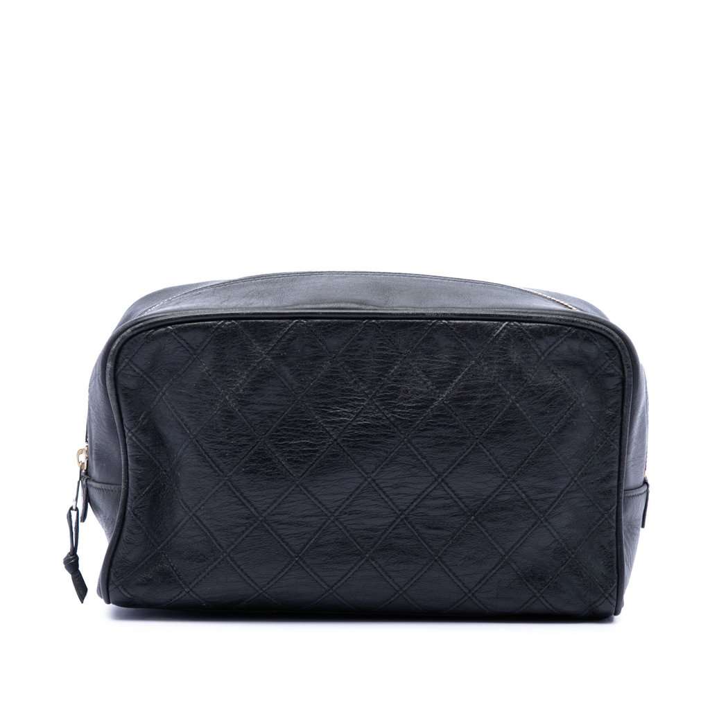 Chanel Quilted Lambskin Cosmetic Pouch Black Leather Very good - Front View