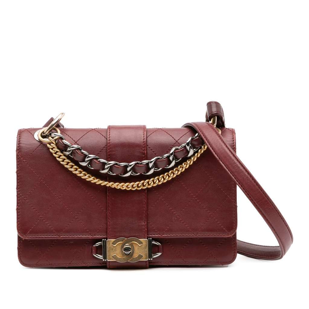 Chanel CC Stitched Calfskin Chain Flap Red Leather Good - Front View