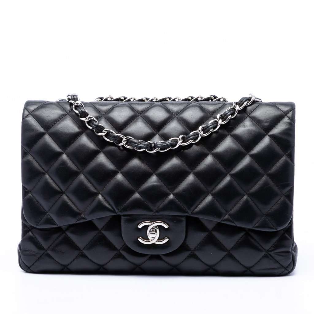 Chanel Jumbo Classic Lambskin Single Flap Black Leather Very good - Front View