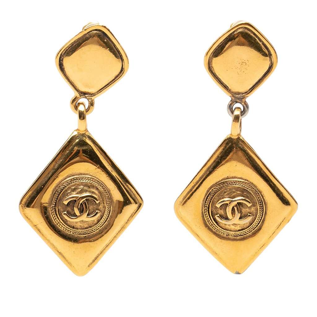 Chanel CC Gold Plated Diamond Drop Clip On Earrings Gold Metal Very good - Front View