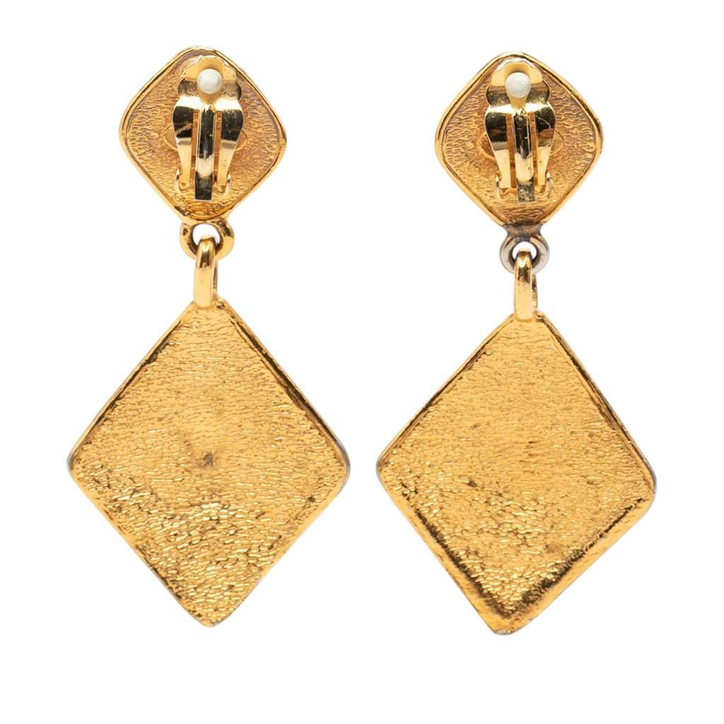 Chanel CC Gold Plated Diamond Drop Clip On Earrings Gold Metal Very good - Back View