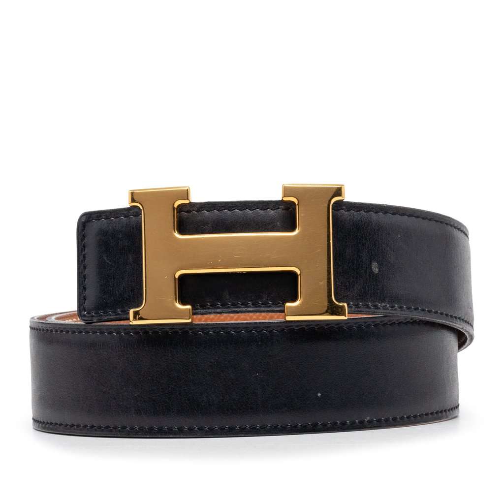 Hermès Box Calf and Courchevel Constance H Reversible Belt Black Leather Very good condition - Front View