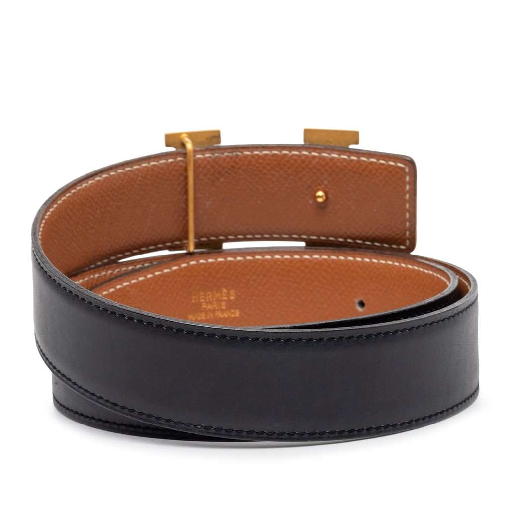 Hermès Box Calf and Courchevel Constance H Reversible Belt Black Leather Very good condition - Inside View