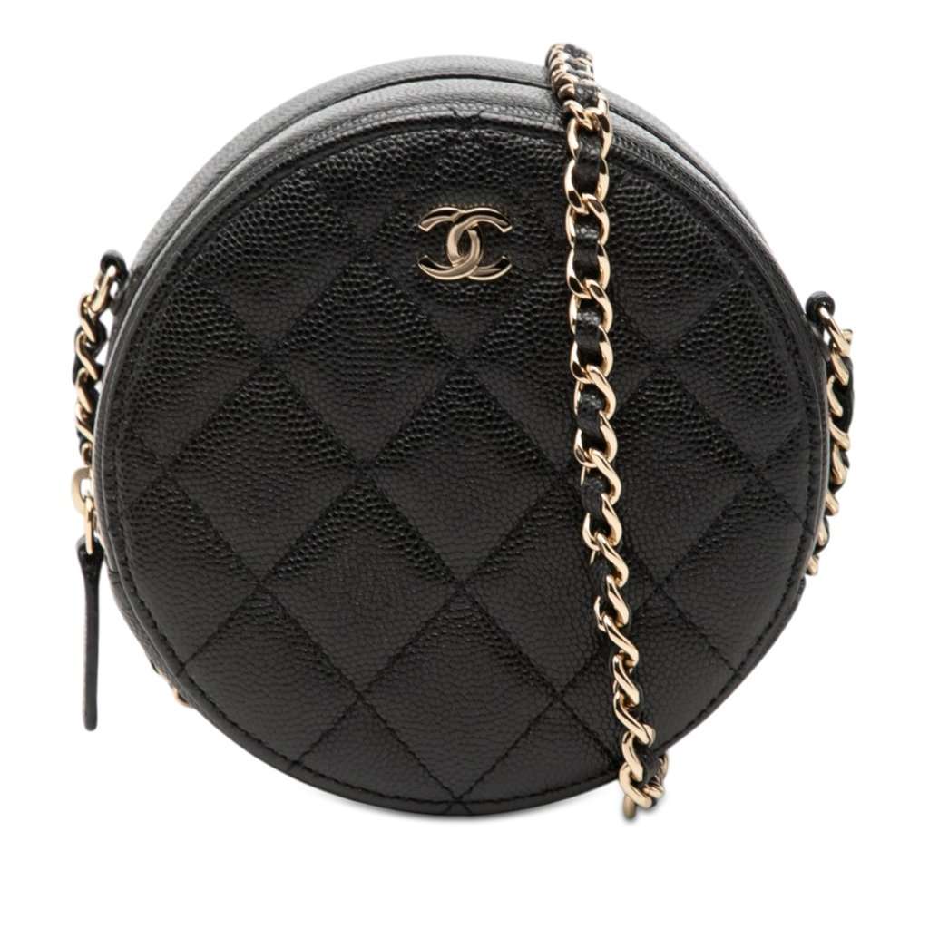 Chanel CC Quilted Caviar Round Clutch With Chain Black Leather Very good - Front View
