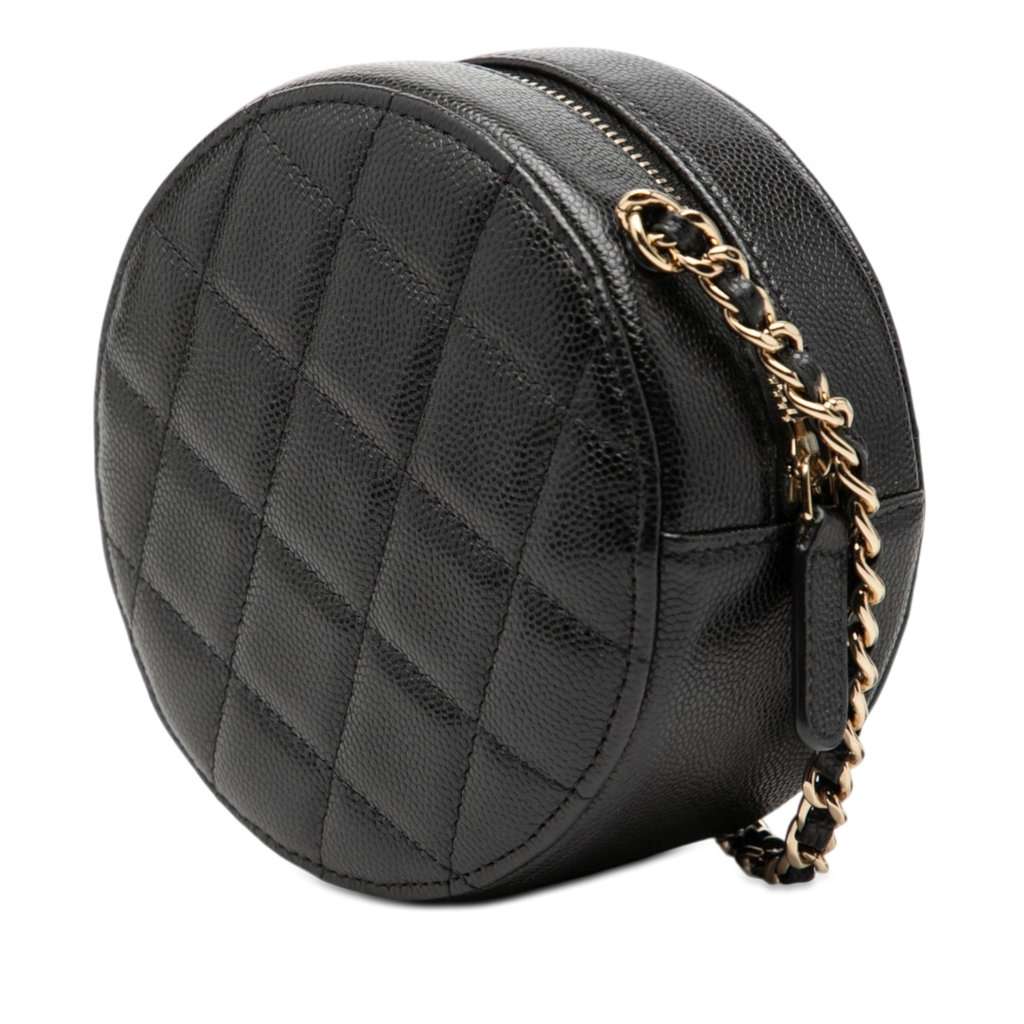 Chanel CC Quilted Caviar Round Clutch With Chain Black Leather Very good - Back View
