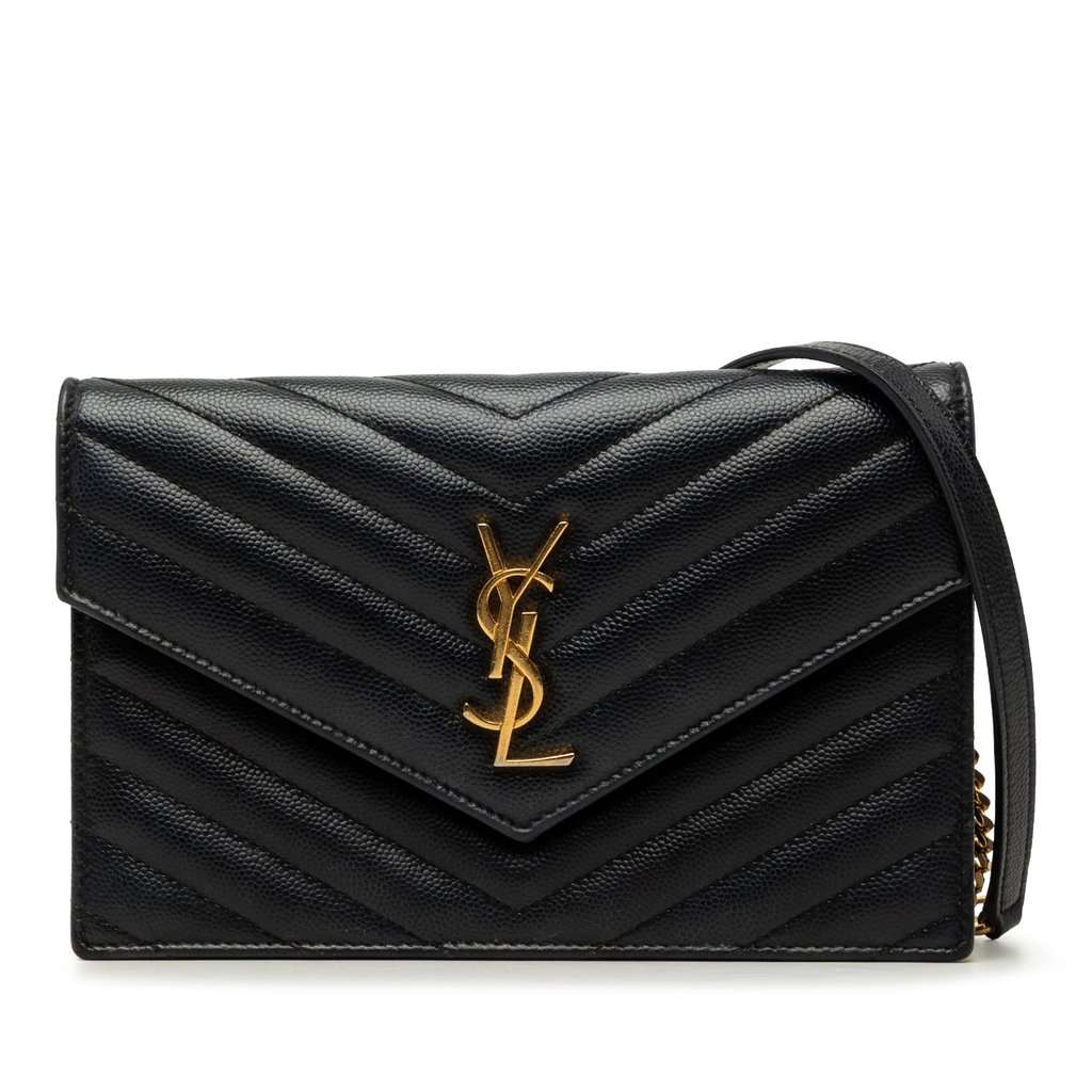 Saint Laurent Grain De Poudre Cassandre Envelope Chain Wallet Black Leather Very good - Front View
