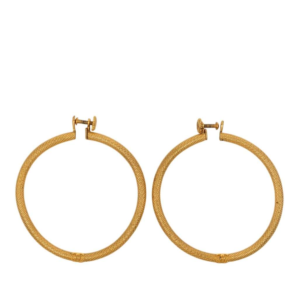 Chanel CC Gold Plated Textured Hoop Screw Back Earrings Gold Metal Very good - Front View