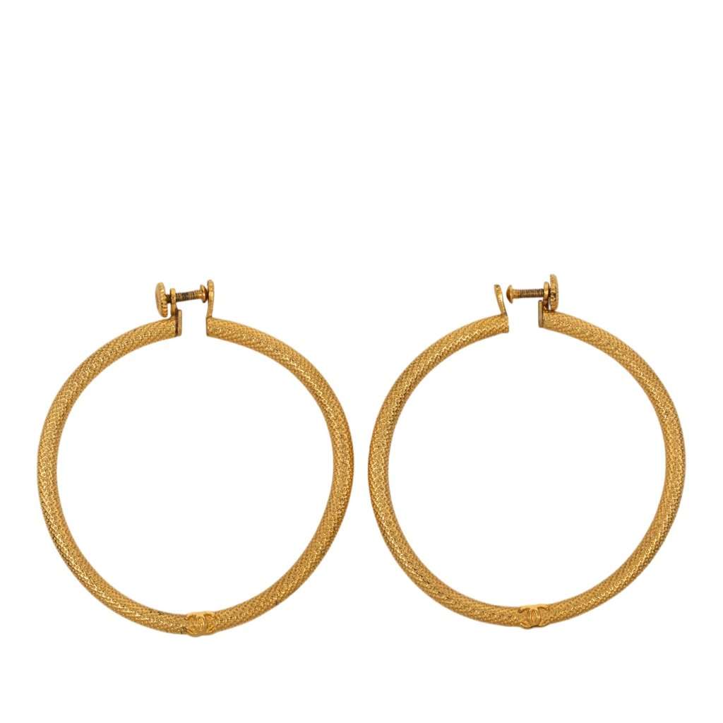 Chanel CC Gold Plated Textured Hoop Screw Back Earrings Gold Metal Very good - Back View