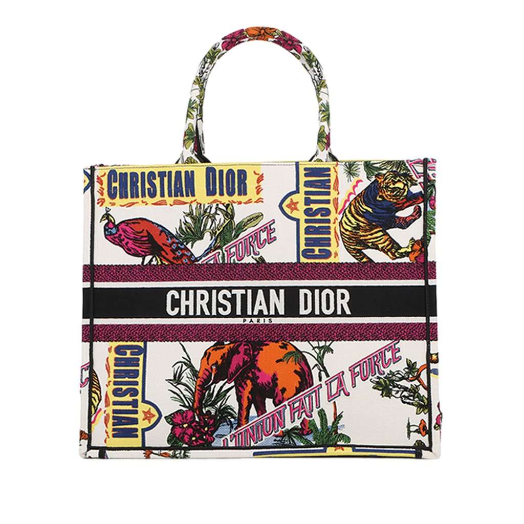 Dior Large Embroidered Canvas Indian Animals Book Tote White Very good - Front View