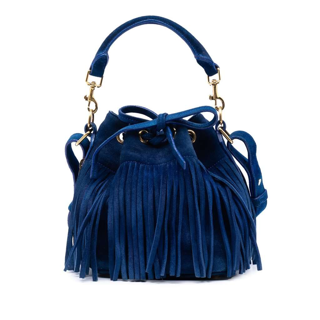 Saint Laurent Small Suede Emmanuelle Fringe Bucket Bag Blue Leather Very good condition - Front View
