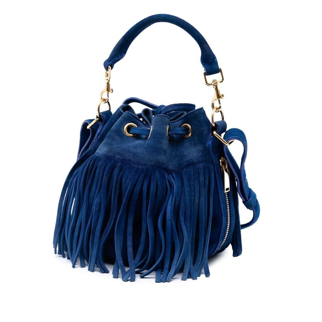 Saint Laurent Small Suede Emmanuelle Fringe Bucket Bag Blue Leather Very good condition - Back View