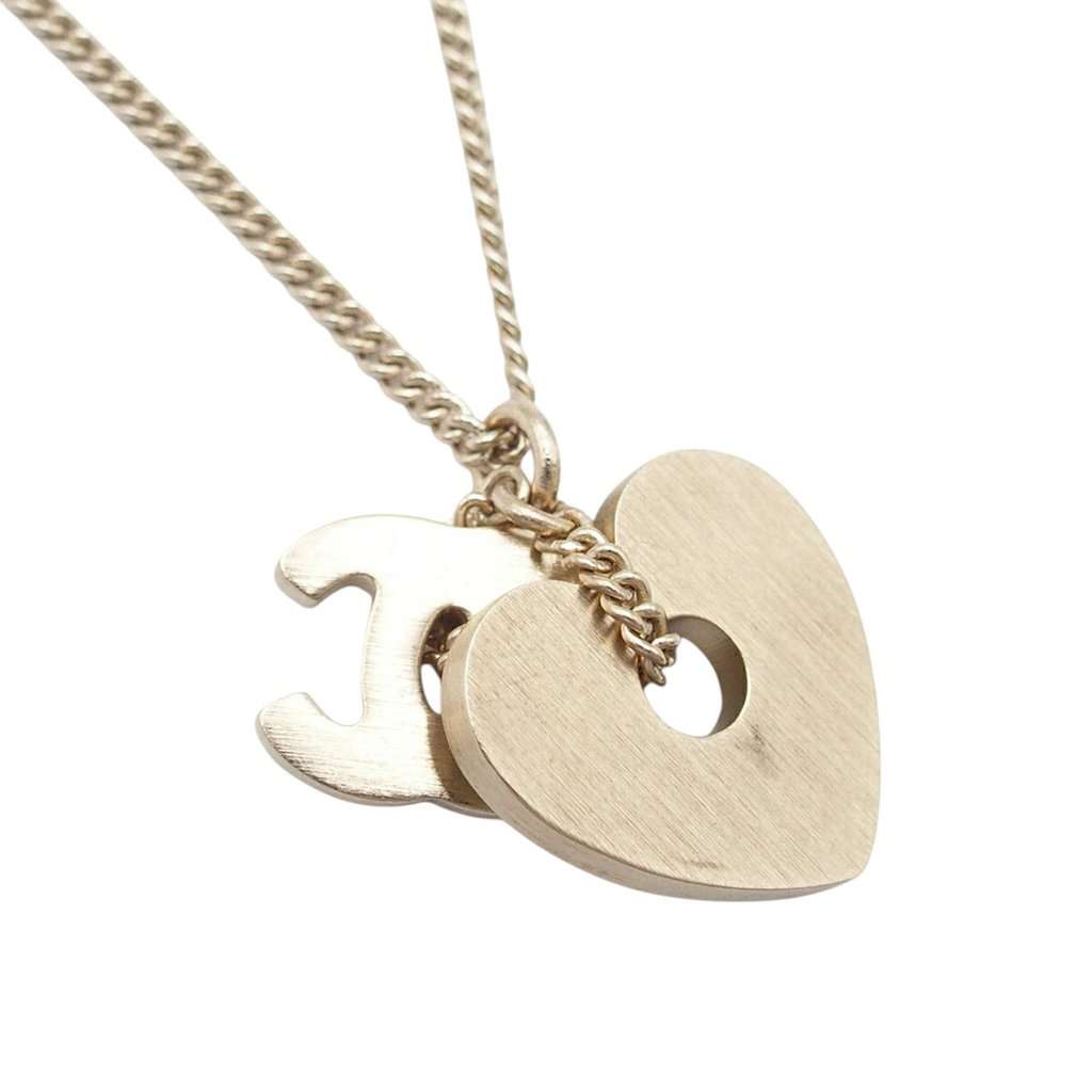 Chanel Gold Plated Rhinestone CC Logo and Heart Pendant Necklace Gold Metal Very good condition - Model View