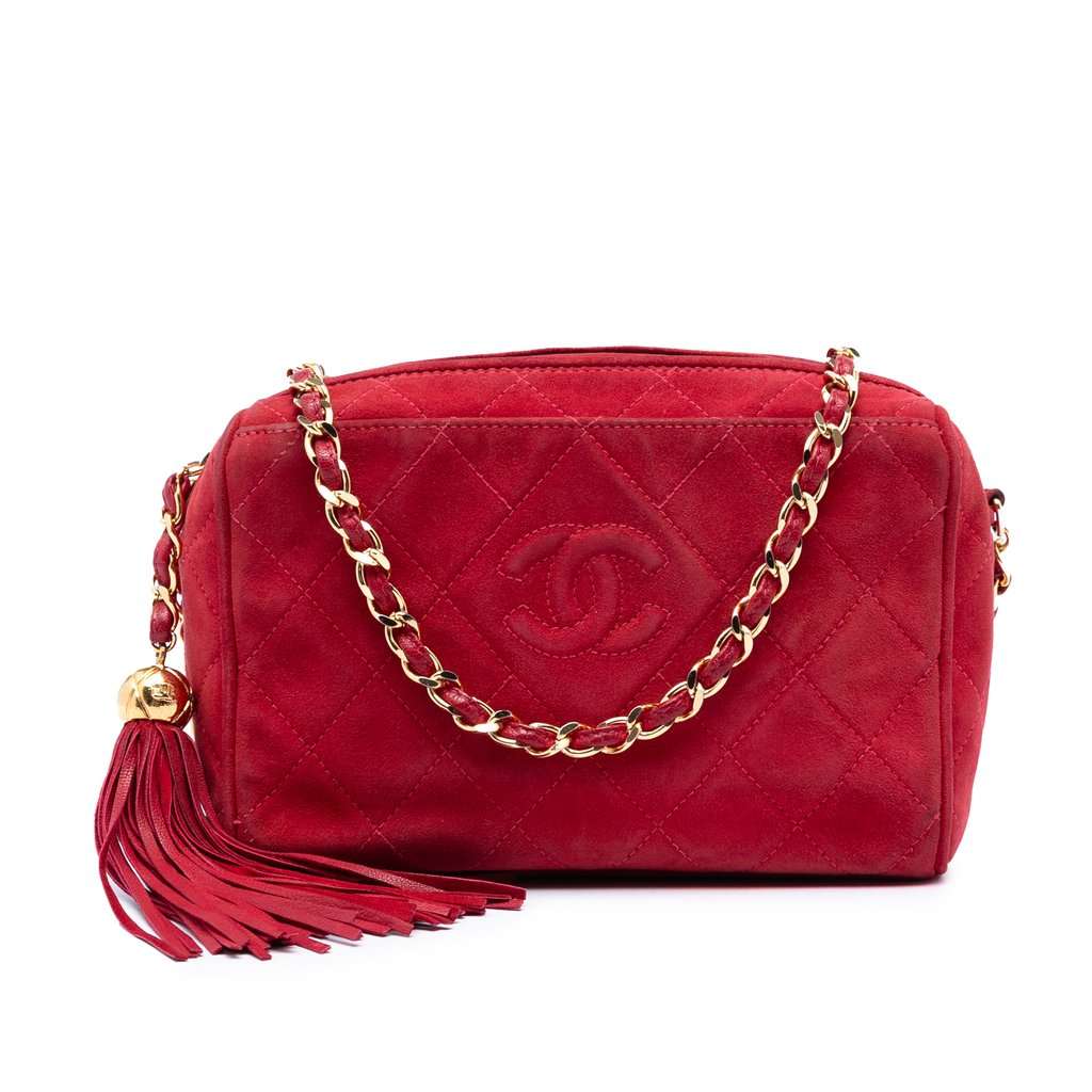 Chanel CC Quilted Suede Tassel Diamond Camera Bag Red Leather Very good condition - Front View