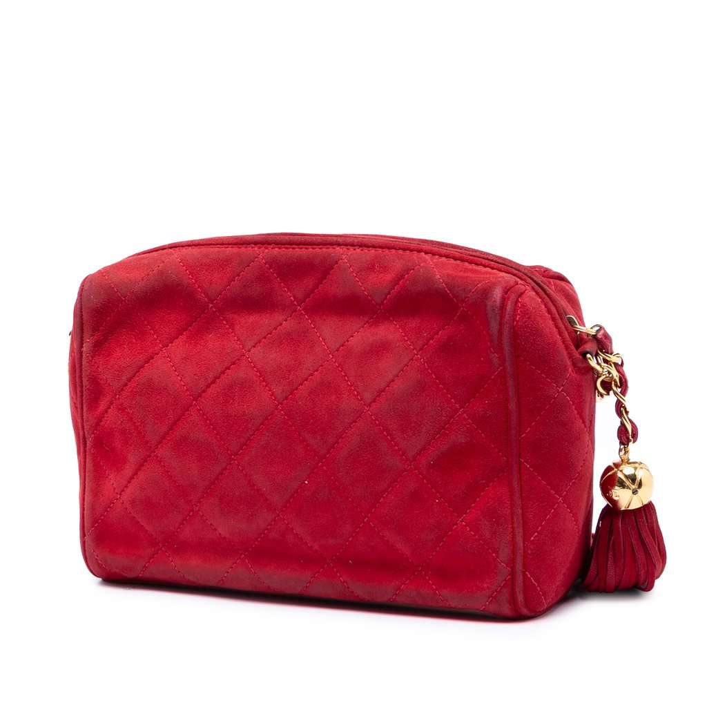 Chanel CC Quilted Suede Tassel Diamond Camera Bag Red Leather Very good condition - Back View