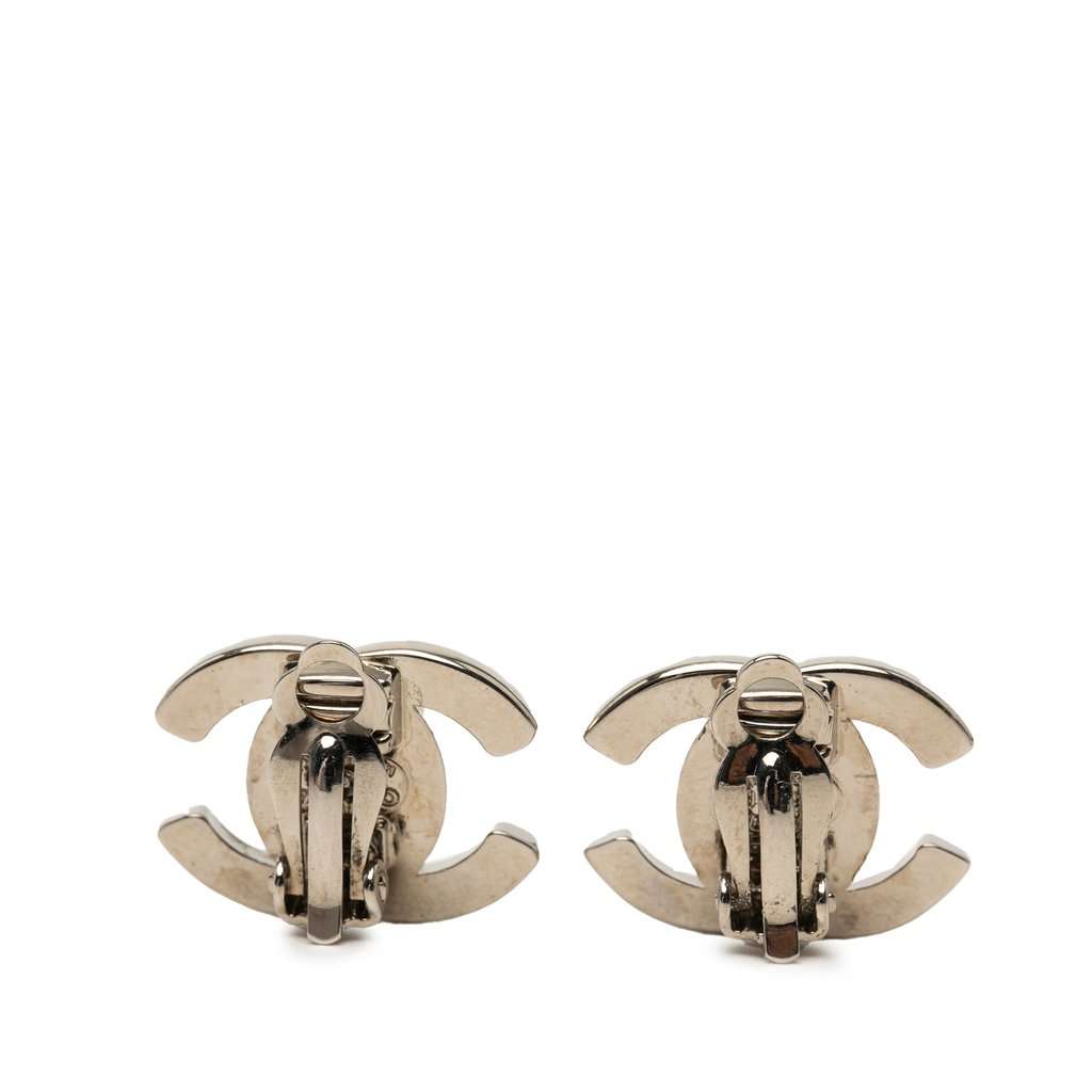Chanel CC Brass Turn Lock Clip On Earrings Silver Metal Very good condition - Back View