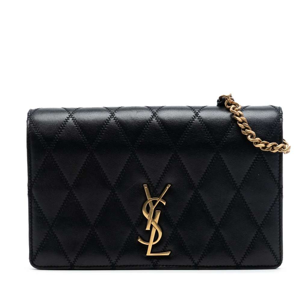 Saint Laurent Diamond Quilted Lambskin Angie Chain Bag Black Leather Very good condition - Front View