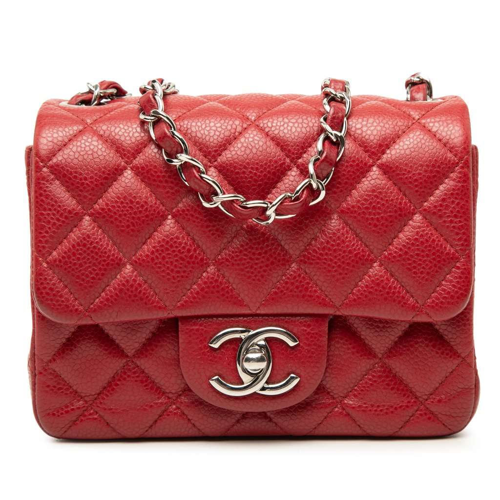 Chanel Mini Square Classic Caviar Single Flap Red Leather Very good - Front View