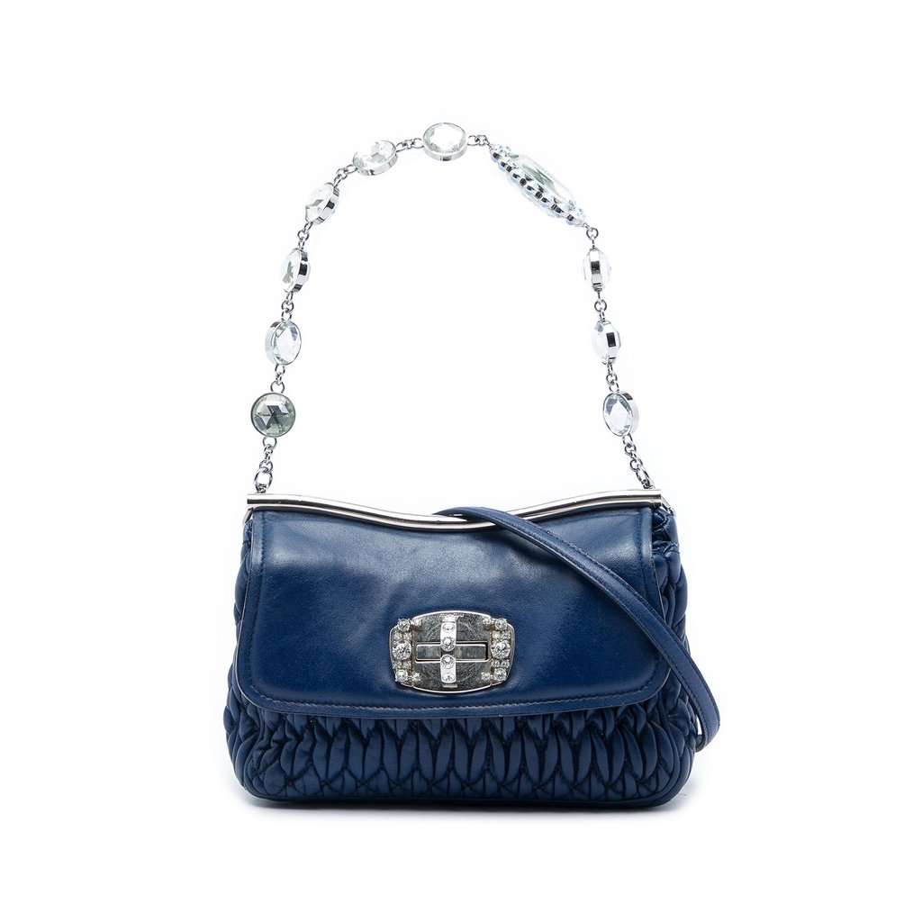Miu Miu Matelasse Nappa Crystal Frame Flap Satchel Blue Leather Very good - Front View