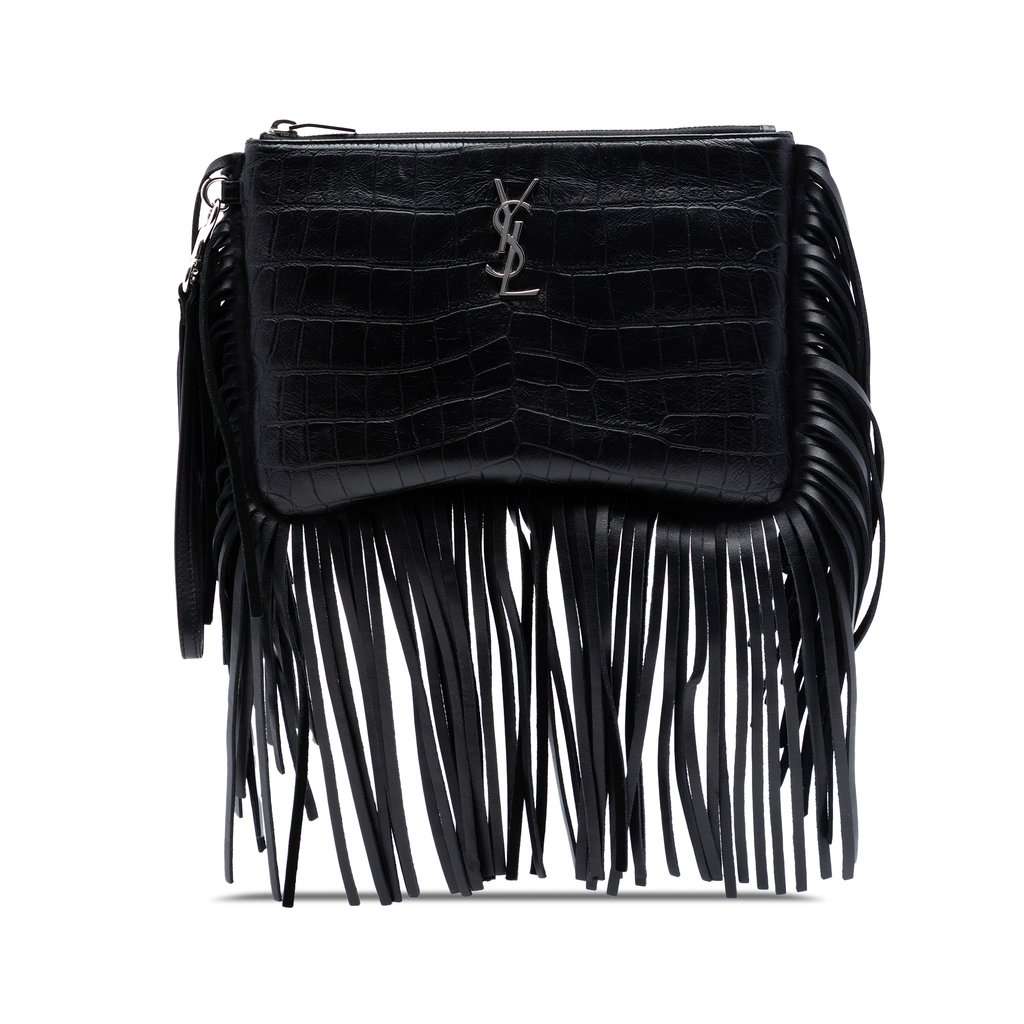 Saint Laurent Croc Embossed Calfskin Monogram Fringe Clutch Black Leather Very good condition - Front View