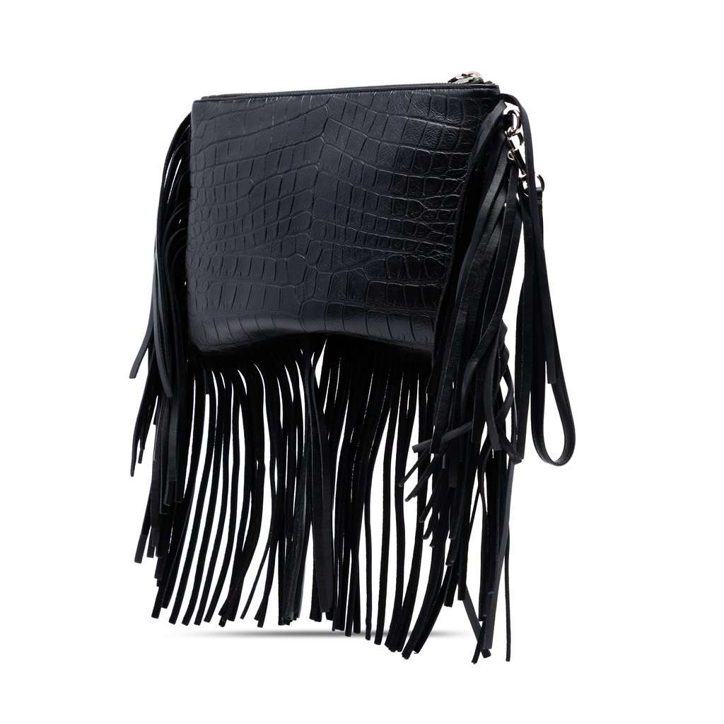 Saint Laurent Croc Embossed Calfskin Monogram Fringe Clutch Black Leather Very good condition - Back View