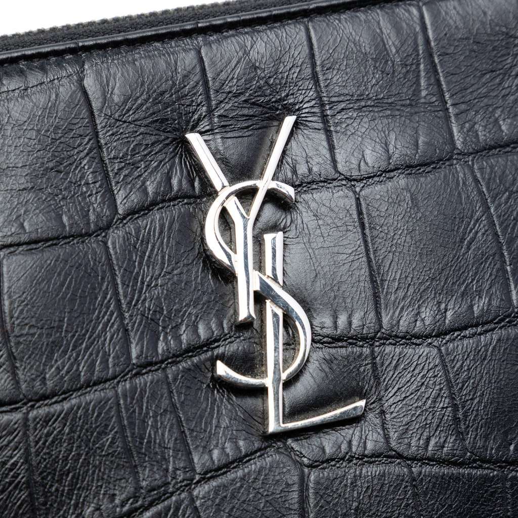 Saint Laurent Croc Embossed Calfskin Monogram Fringe Clutch Black Leather Very good condition - Box View