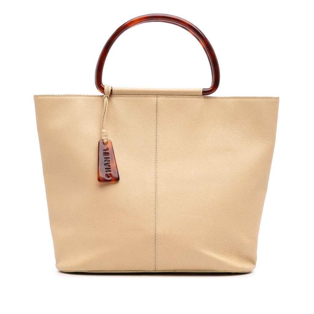 Chanel Grained Calfskin Tortoise Top Handle Tote Beige Leather Very good - Front View