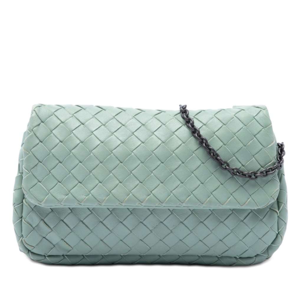 Bottega Veneta Mini Nappa Intrecciato Expandable Chain Flap Crossbody Green Leather Very good - Front View