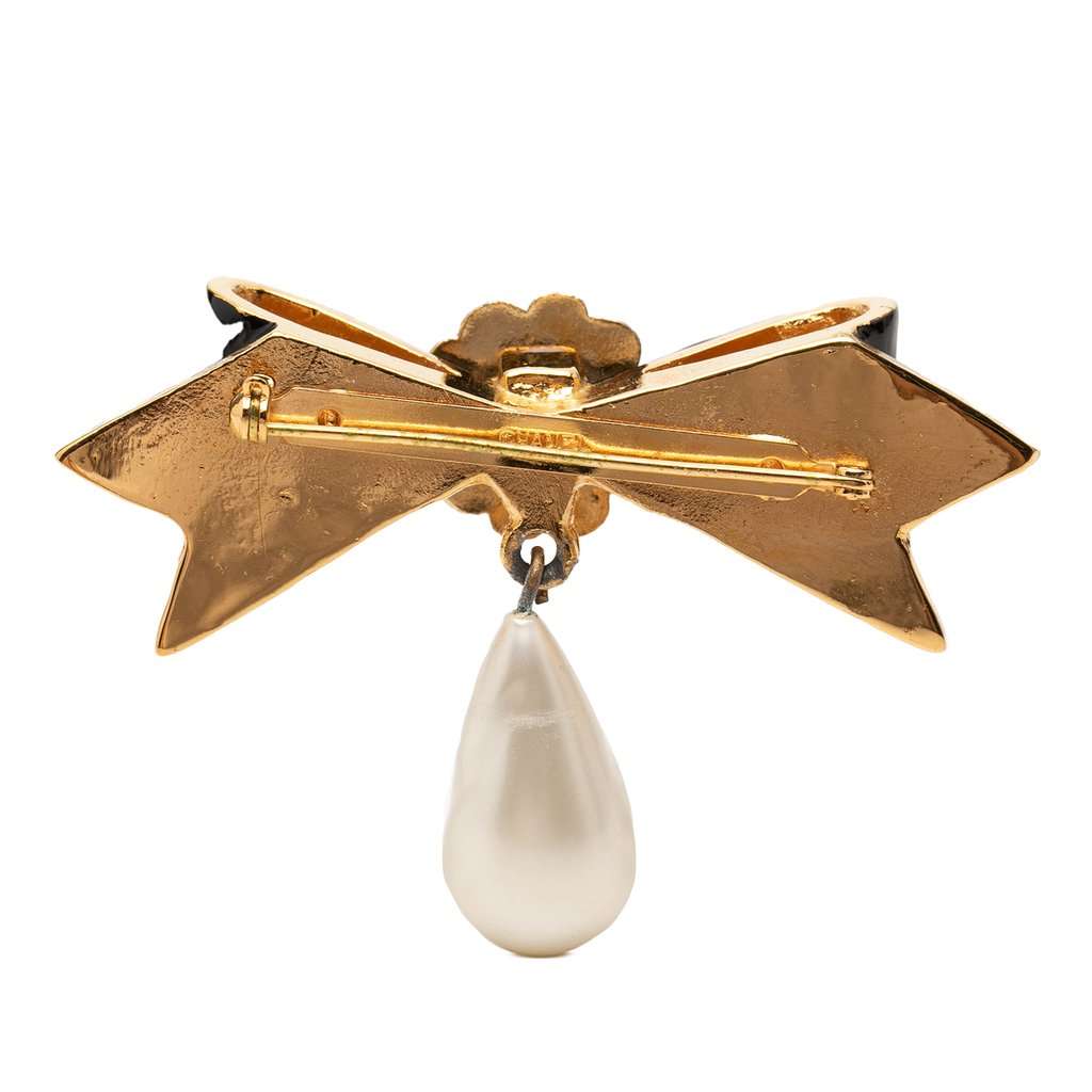 Chanel Enamel and Faux Pearl Bow Camellia Charm Brooch Black Very good - Back View
