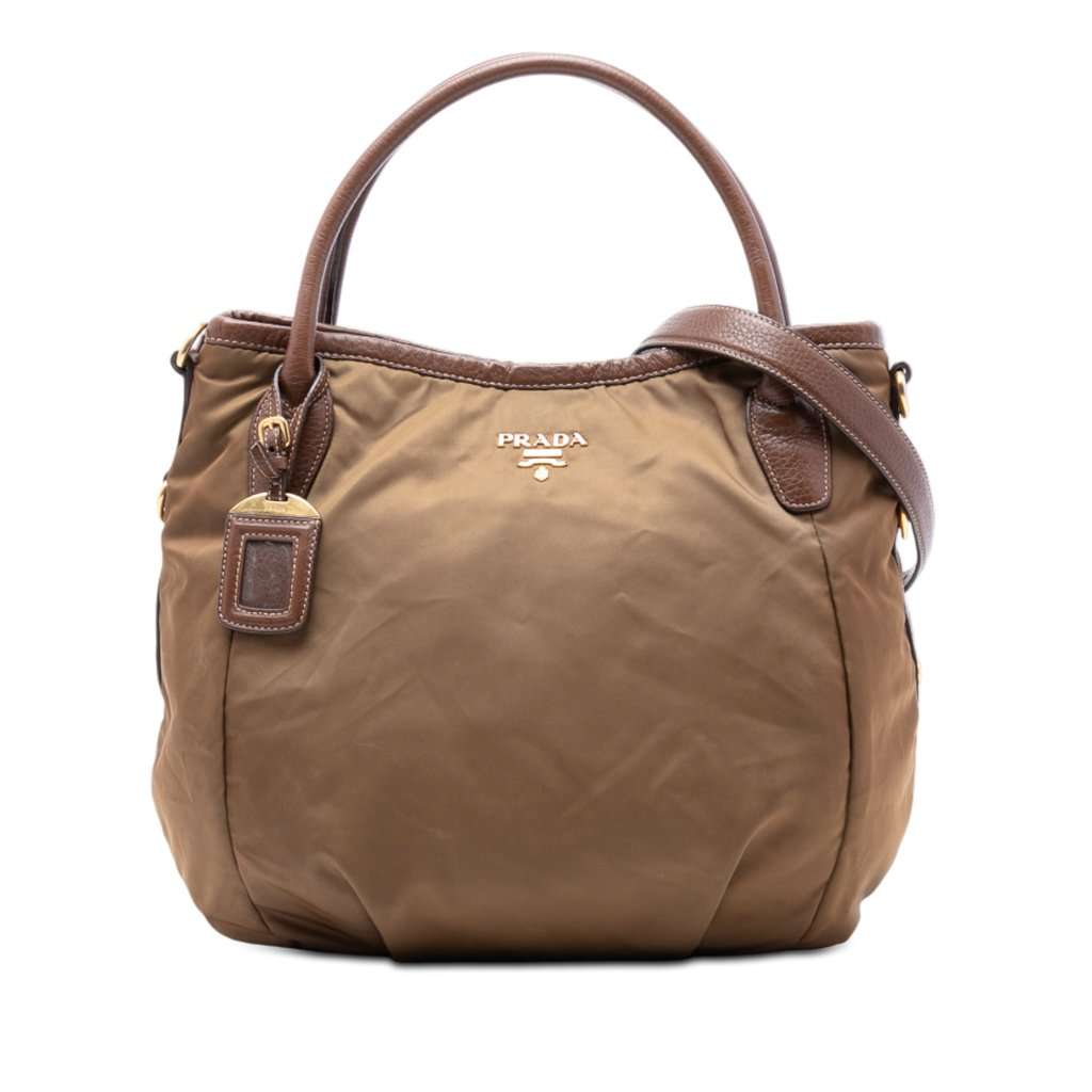 Prada Vitello Daino Trimmed Tessuto Satchel Brown Very good - Front View