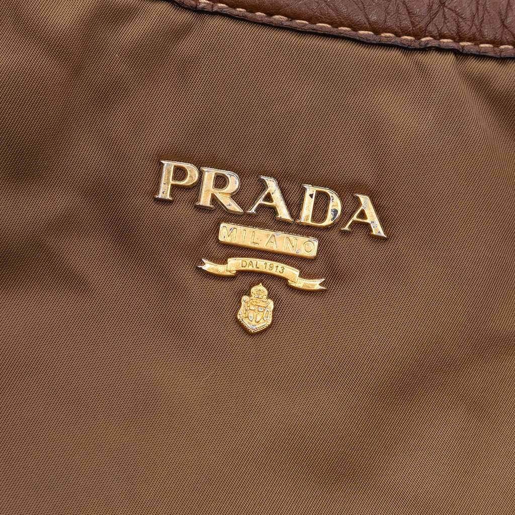 Prada Vitello Daino Trimmed Tessuto Satchel Brown Very good - Box View