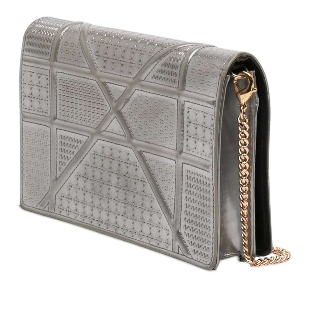 Dior Metallic Patent Microcannage Diorama Wallet on Chain Silver Leather Very good condition - Back View