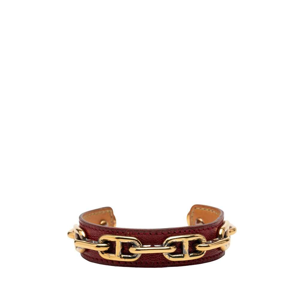 Hermès Leather and Gold Plated Chaine d Ancre Cuff Bracelet Red Leather Good - Front View