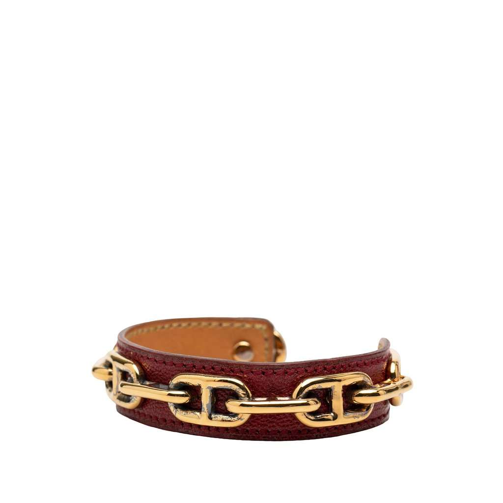 Hermès Leather and Gold Plated Chaine d Ancre Cuff Bracelet Red Leather Good - Back View