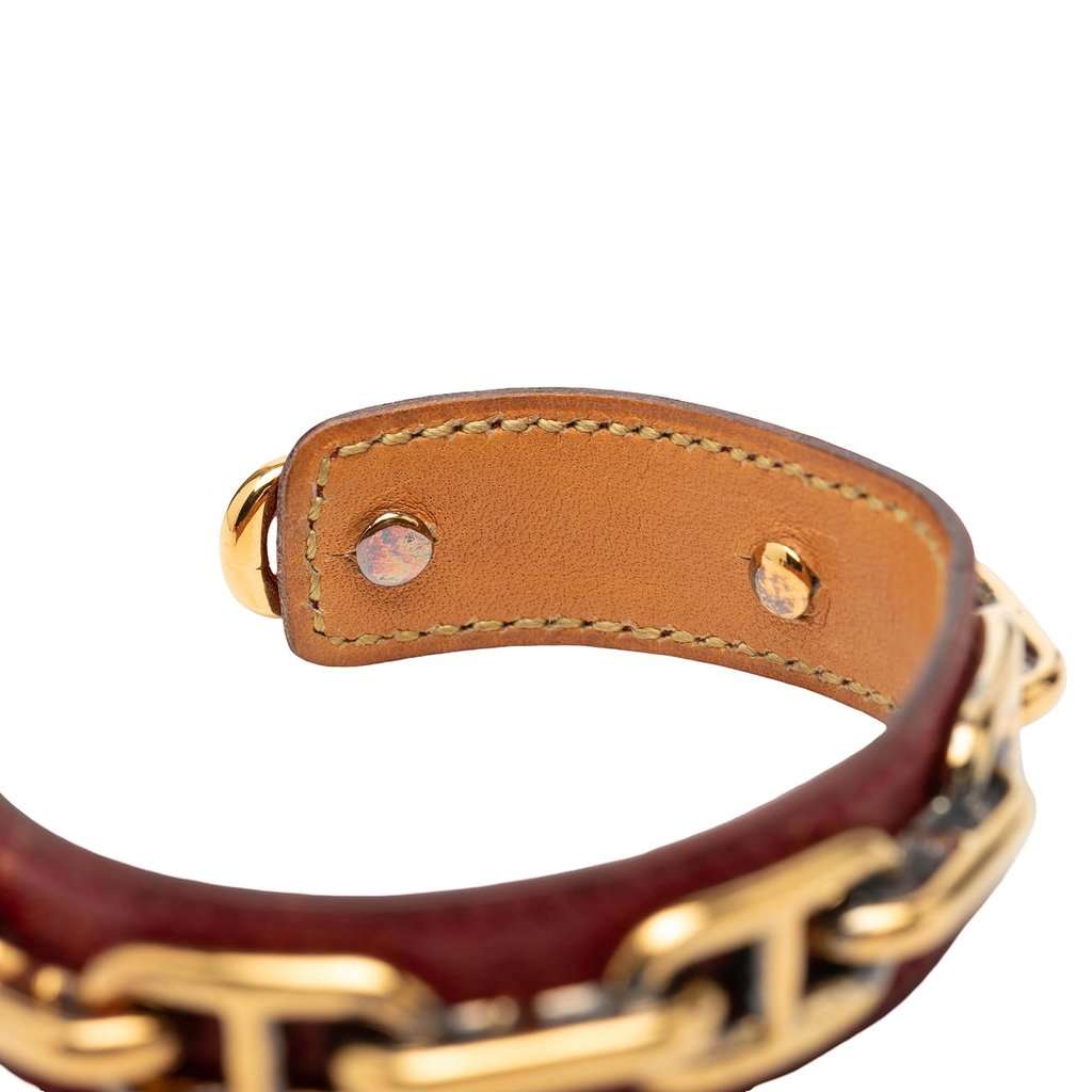 Hermès Leather and Gold Plated Chaine d Ancre Cuff Bracelet Red Leather Good - Box View