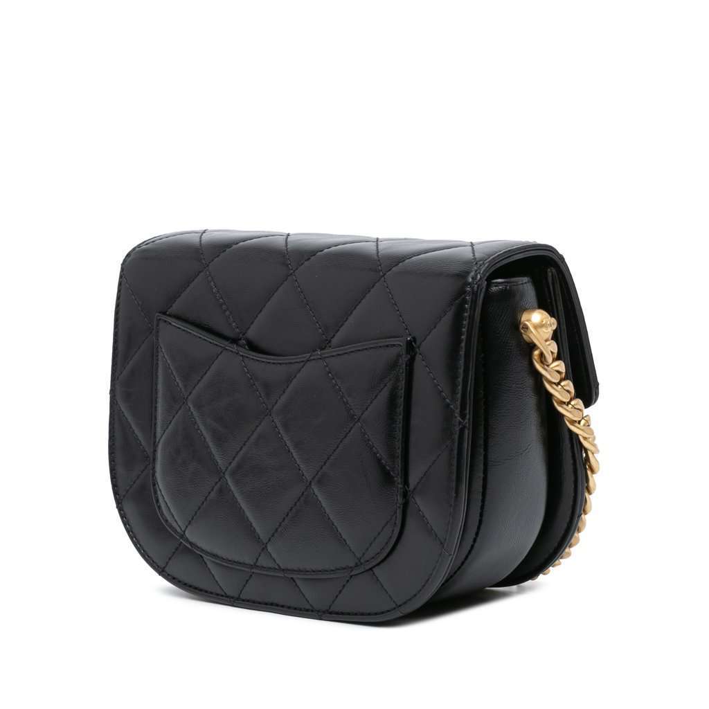 Chanel CC Quilted Calfskin Round Moon Messenger Flap Black Leather Very good - Back View
