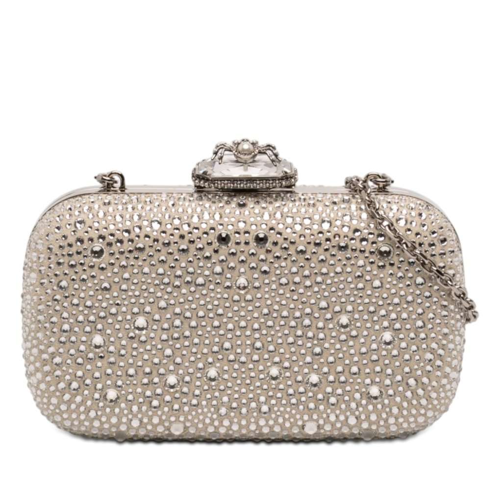 Alexander McQueen Crystal Embellished Satin Spider Clutch Brown Very good condition - Front View
