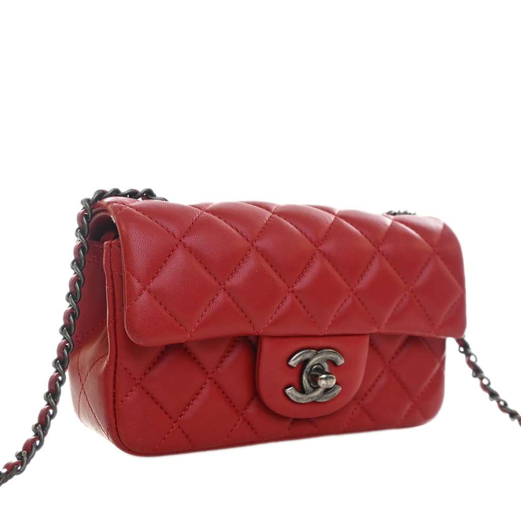 Chanel Extra Mini Rectangular Classic Lambskin Single Flap Red Leather Very good - Inside View