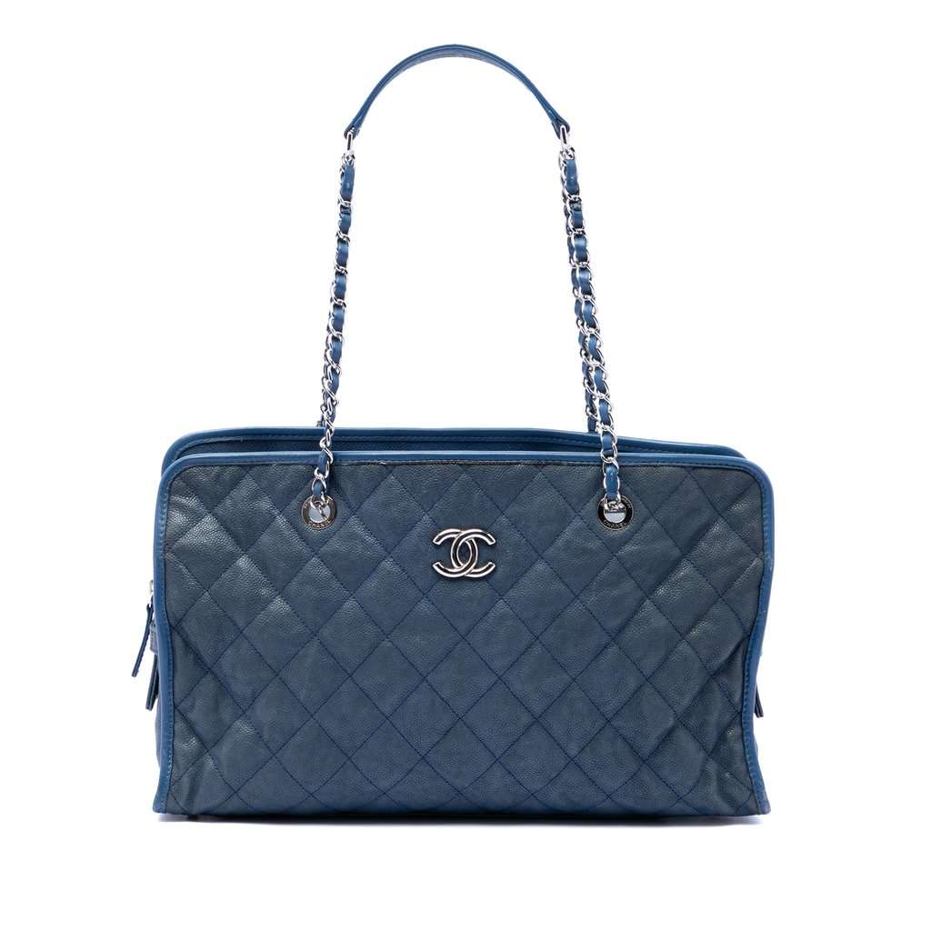 Chanel Quilted Caviar French Riviera Tote Blue Leather Very good - Front View