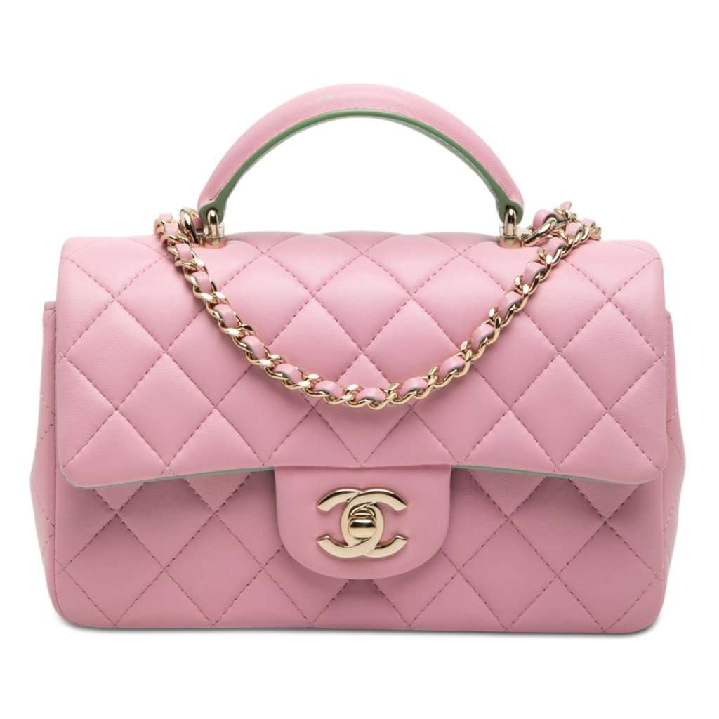 Chanel Mini Rectangular Bicolor Quilted Lambskin Top Handle Flap Pink Leather Very good condition - Front View