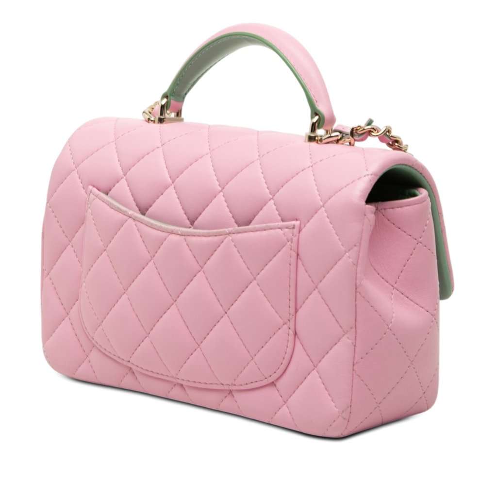 Chanel Mini Rectangular Bicolor Quilted Lambskin Top Handle Flap Pink Leather Very good condition - Back View