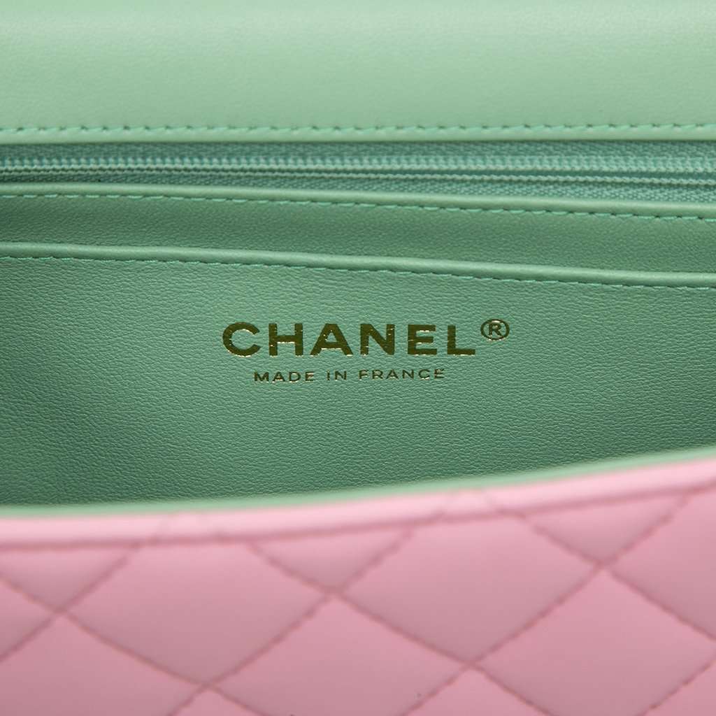 Chanel Mini Rectangular Bicolor Quilted Lambskin Top Handle Flap Pink Leather Very good condition - Box View
