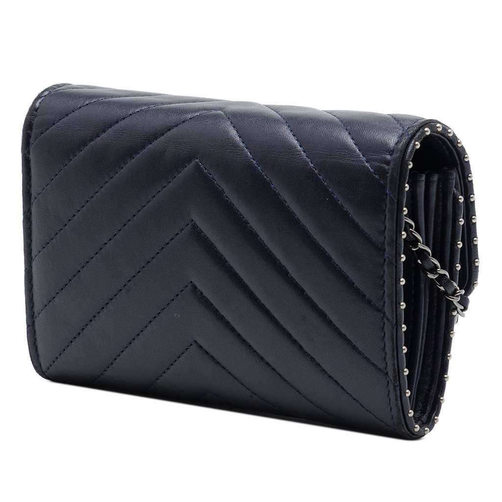Chanel CC Chevron Lambskin Studded Wallet On Chain Blue Leather Very good - Back View