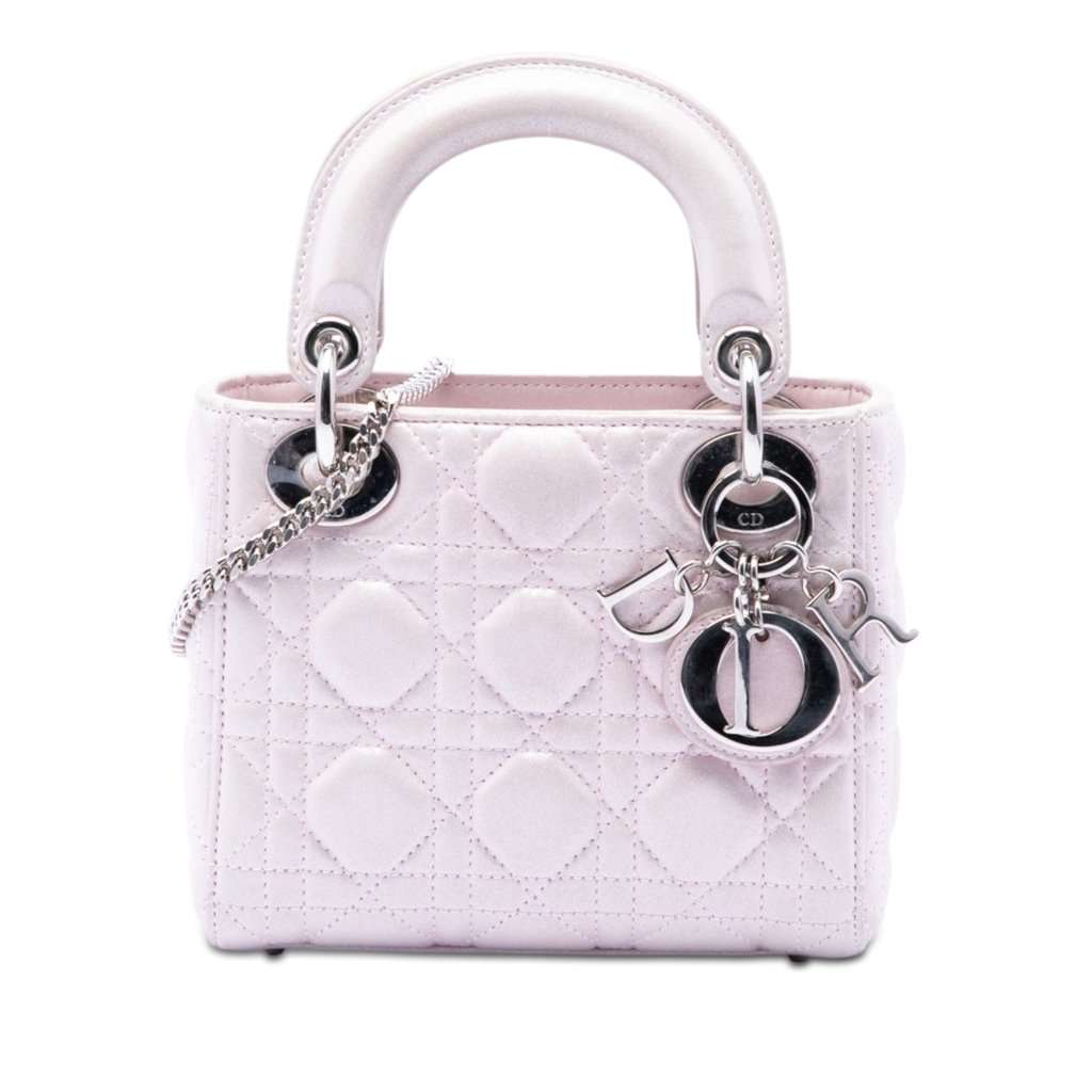 Dior Mini Iridescent Lambskin Cannage Lady Dior Pink Leather Very good condition - Front View