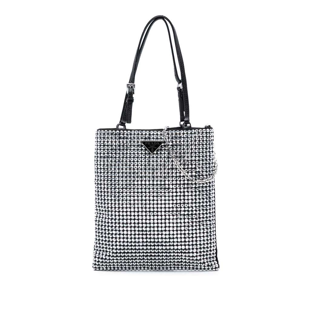 Prada Satin Crystal Embellished Chain Flat Tote Black Very good condition - Front View