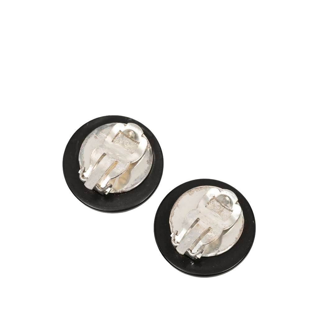 Chanel CC Resin Strass Round Clip On Earrings Black Plastic Very good condition - Back View