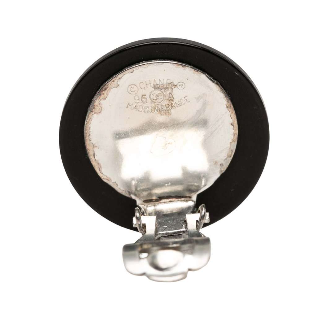 Chanel CC Resin Strass Round Clip On Earrings Black Plastic Very good condition - Inside View